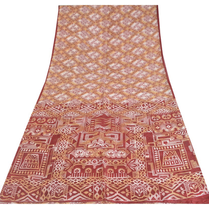 Sanskriti Vintage Sarees Red/Cream 100% Pure Silk Printed Sari 5yd Craft Fabric