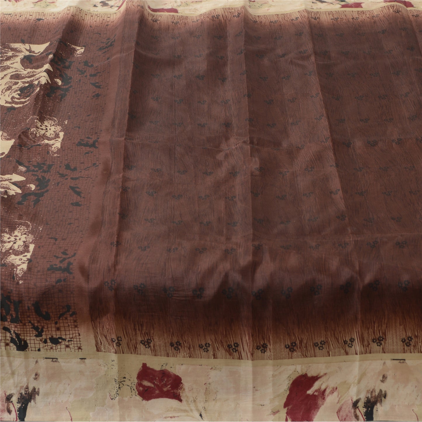 Sanskriti Vintage Sarees Brown 100% Pure Silk Printed Sari 5yd Craft Fabric