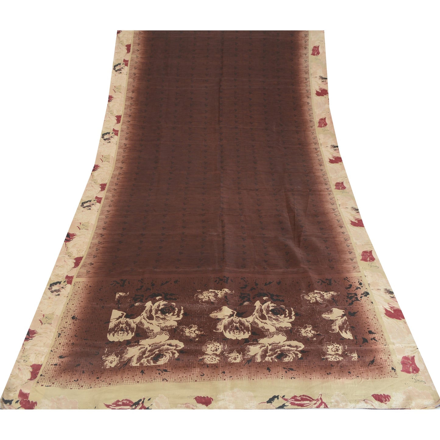 Sanskriti Vintage Sarees Brown 100% Pure Silk Printed Sari 5yd Craft Fabric