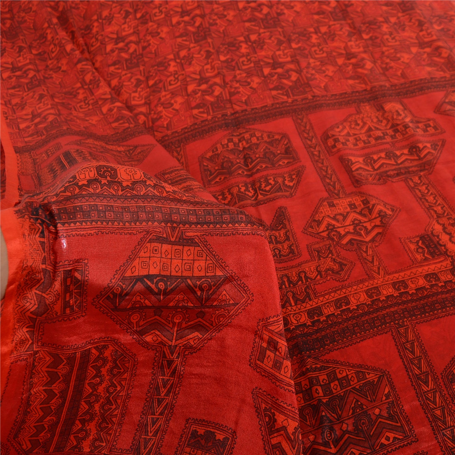 Sanskriti Vintage Sarees From India Red Pure Silk Printed Sari 6yd Craft Fabric