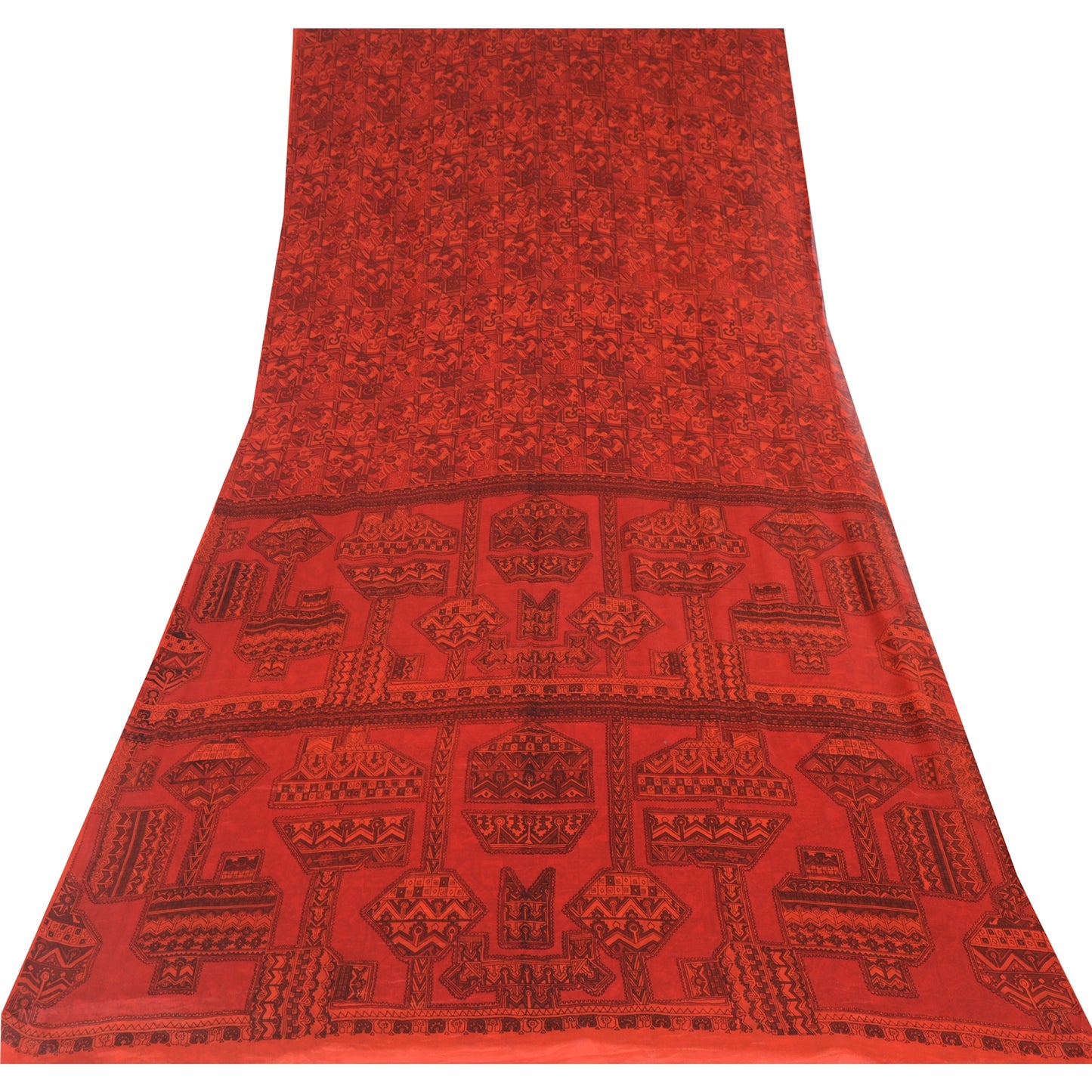 Sanskriti Vintage Sarees From India Red Pure Silk Printed Sari 6yd Craft Fabric