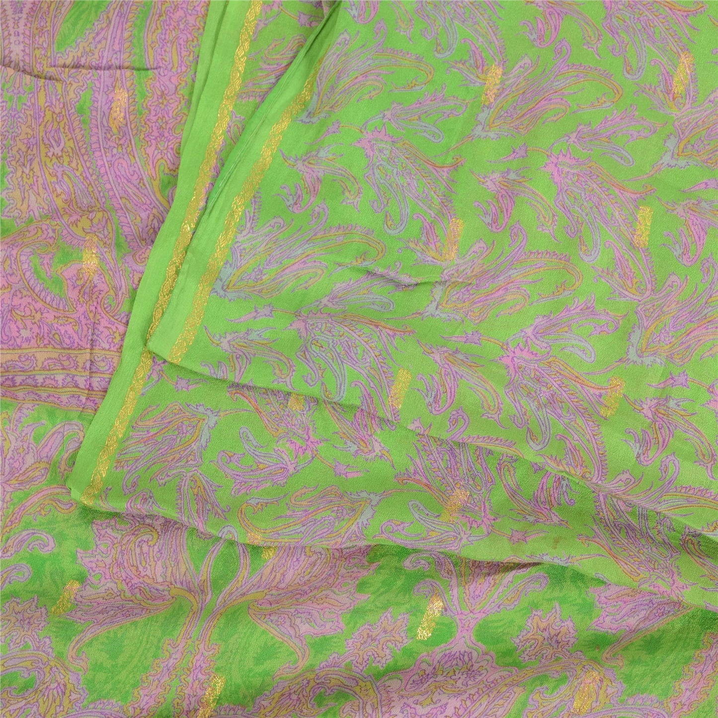 Sanskriti Vintage Sarees Green/Pink Pure Georgette Woven/Printed Sari 5yd Fabric