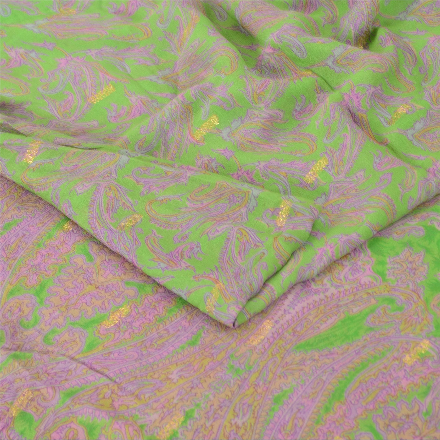 Sanskriti Vintage Sarees Green/Pink Pure Georgette Woven/Printed Sari 5yd Fabric