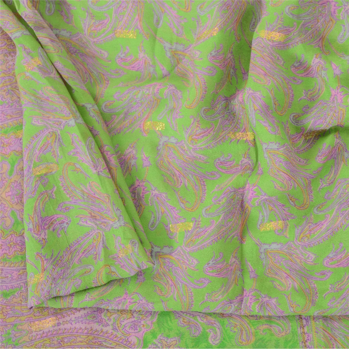 Sanskriti Vintage Sarees Green/Pink Pure Georgette Woven/Printed Sari 5yd Fabric