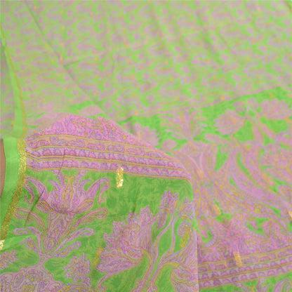 Sanskriti Vintage Sarees Green/Pink Pure Georgette Woven/Printed Sari 5yd Fabric