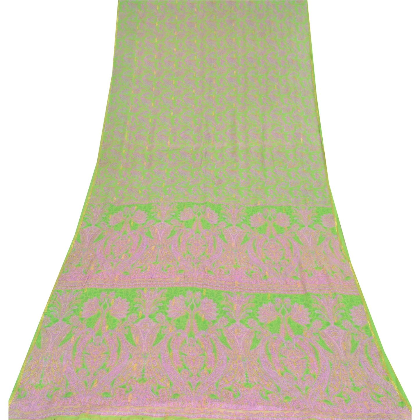 Sanskriti Vintage Sarees Green/Pink Pure Georgette Woven/Printed Sari 5yd Fabric