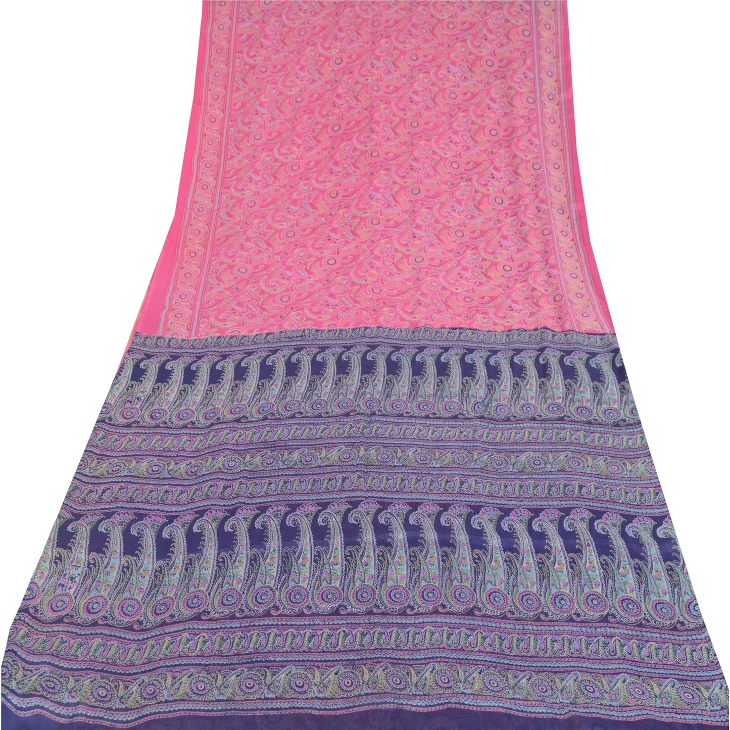 Sanskriti Vintage Sarees Pink/Purple Pure Silk Printed Sari 6yd Craft Fabric