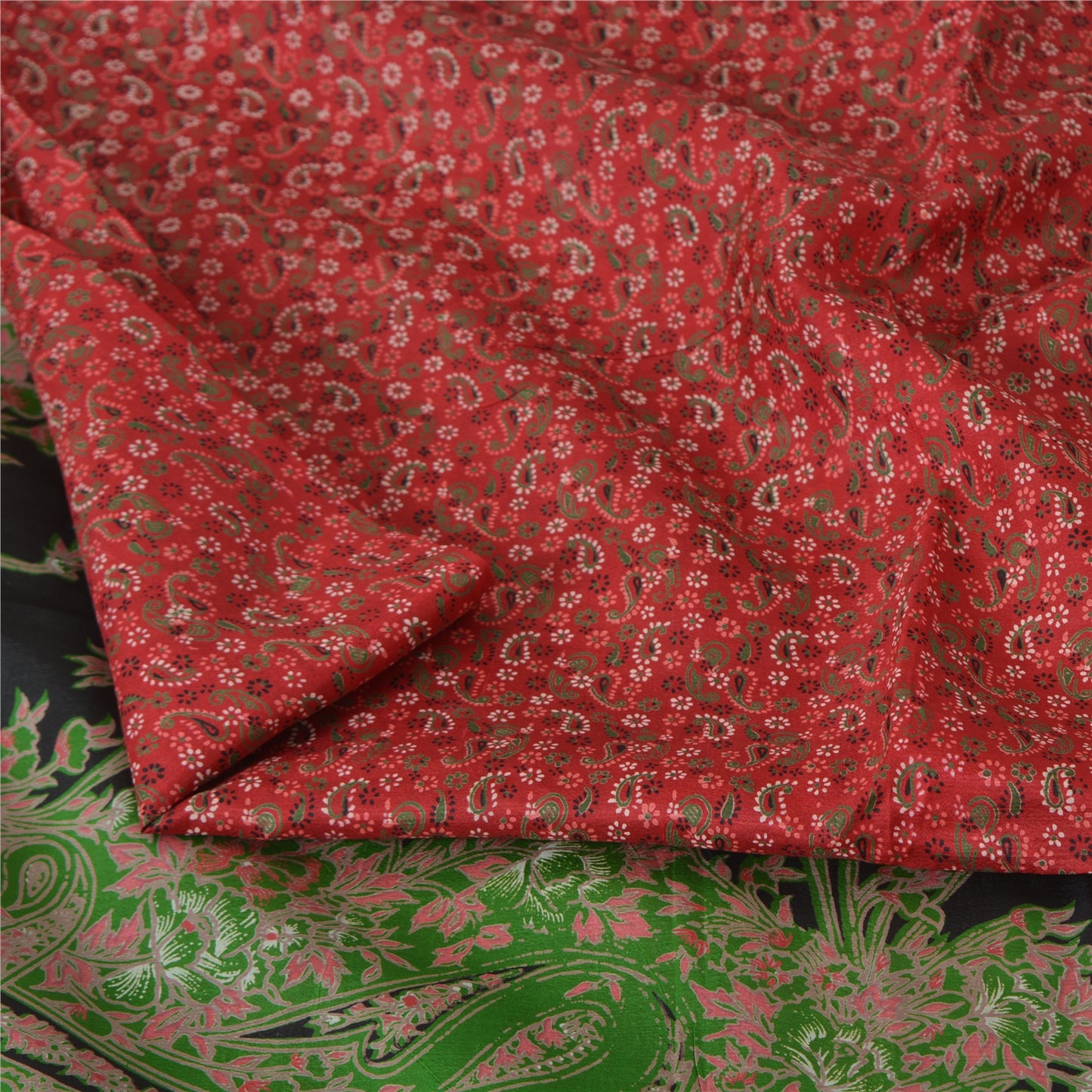 Sanskriti Vintage Sarees Red Zari Border Pure Silk Printed Sari 5yd Craft Fabric