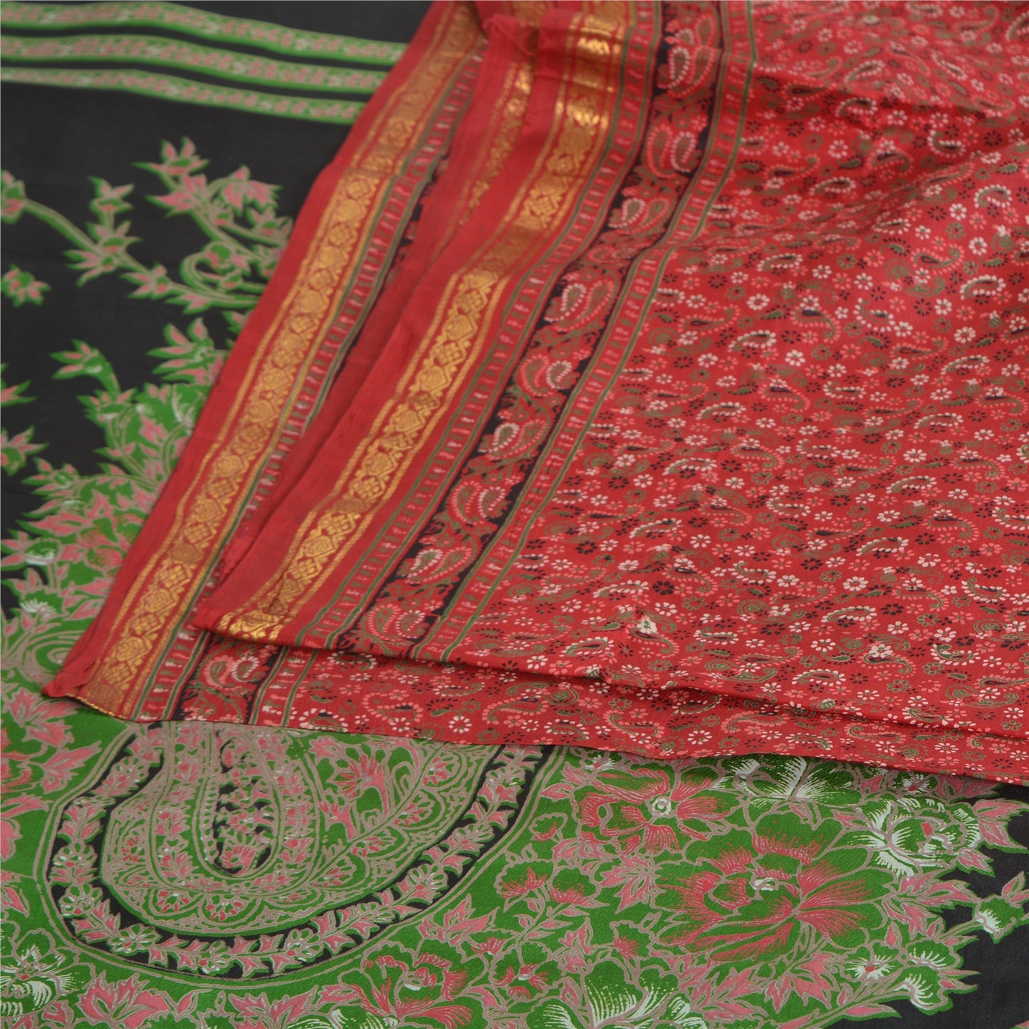 Sanskriti Vintage Sarees Red Zari Border Pure Silk Printed Sari 5yd Craft Fabric