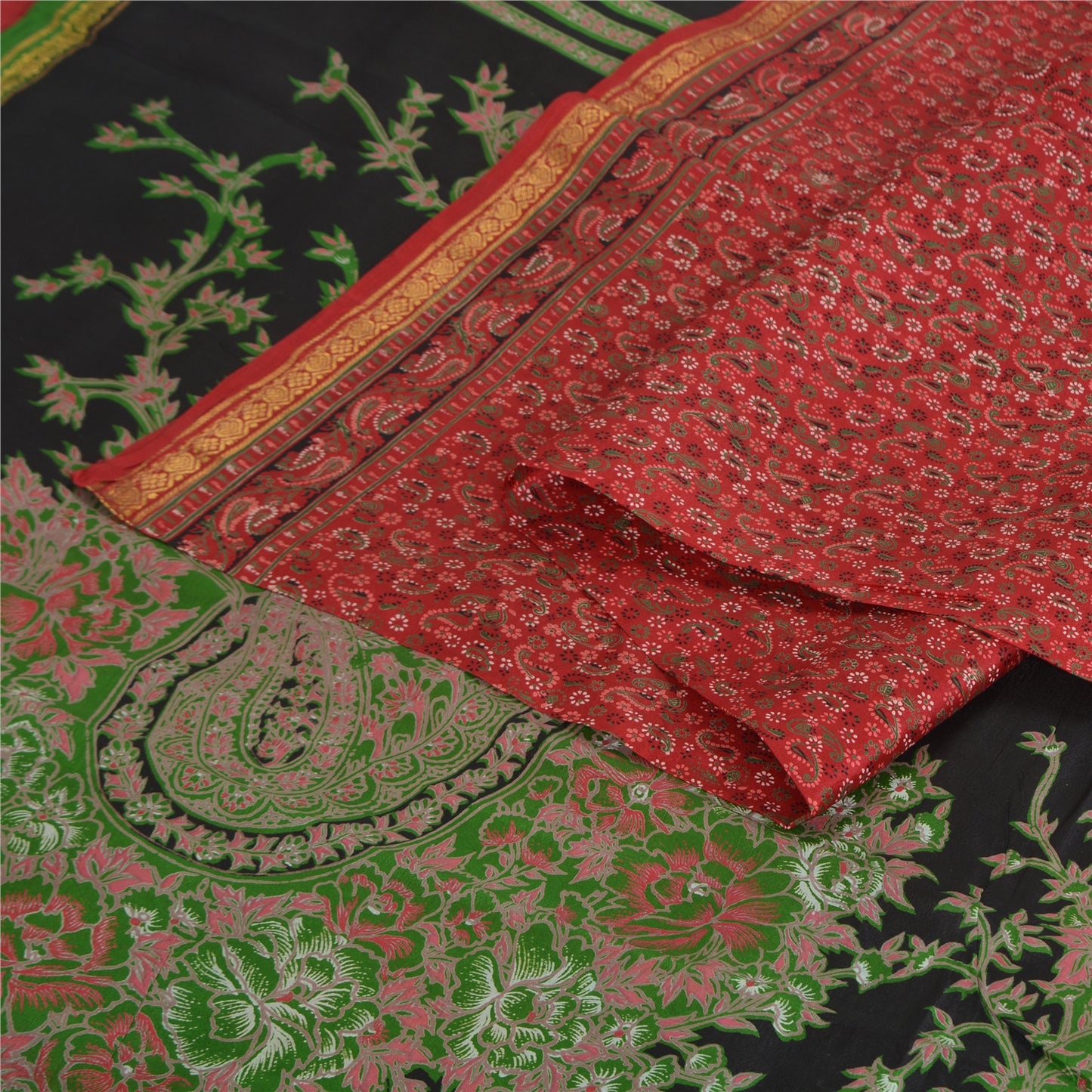 Sanskriti Vintage Sarees Red Zari Border Pure Silk Printed Sari 5yd Craft Fabric