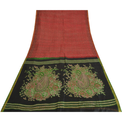 Sanskriti Vintage Sarees Red Zari Border Pure Silk Printed Sari 5yd Craft Fabric