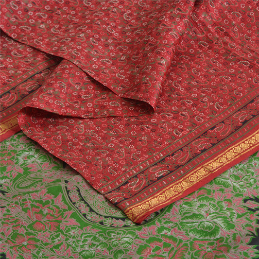 Sanskriti Vintage Sarees Red Zari Border Pure Silk Printed Sari 5yd Craft Fabric