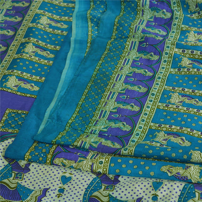 Sanskriti Vintage Sarees Indian Blue Pure Silk Women Printed Sari Craft Fabric