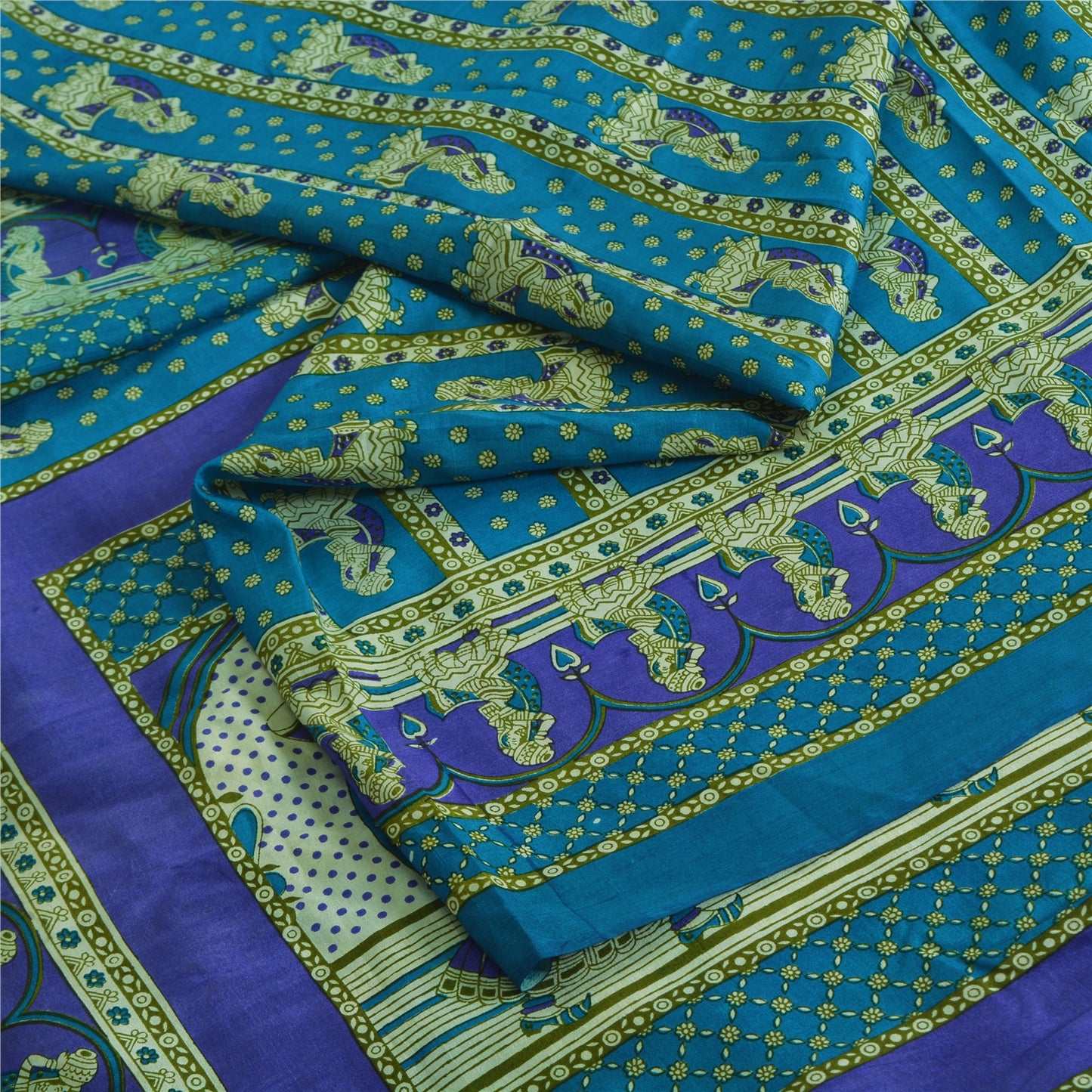 Sanskriti Vintage Sarees Indian Blue Pure Silk Women Printed Sari Craft Fabric