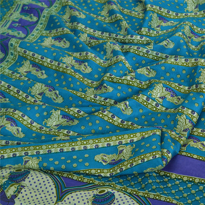 Sanskriti Vintage Sarees Indian Blue Pure Silk Women Printed Sari Craft Fabric