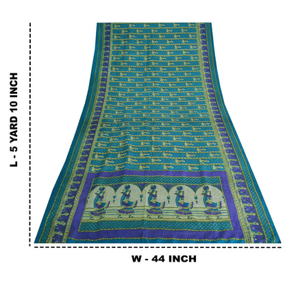 Sanskriti Vintage Sarees Indian Blue Pure Silk Women Printed Sari Craft Fabric