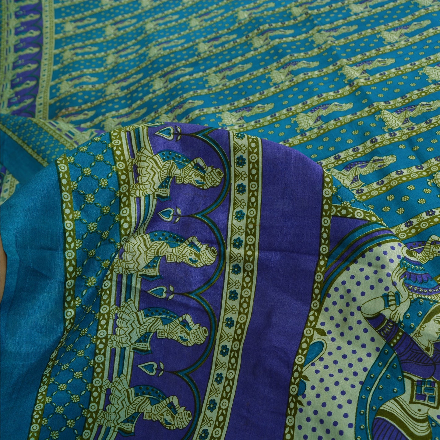 Sanskriti Vintage Sarees Indian Blue Pure Silk Women Printed Sari Craft Fabric