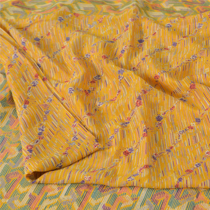 Sanskriti Vintage Sarees Yellow Indian Pure Silk Printed Sari 5yd Craft Fabric