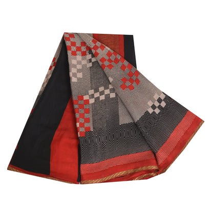 Sanskriti Vintage Sarees Black Pure Chiffon Silk Printed Sari 5yd Craft Fabric