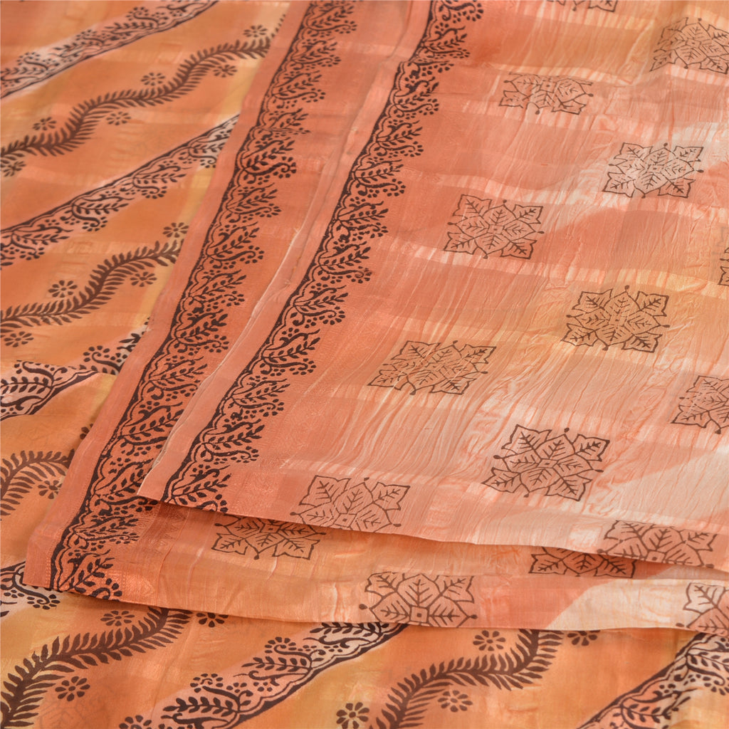 Sanskriti Vintage Sarees Indian Peach Pure Silk Printed Sari 5yd Craft Fabric