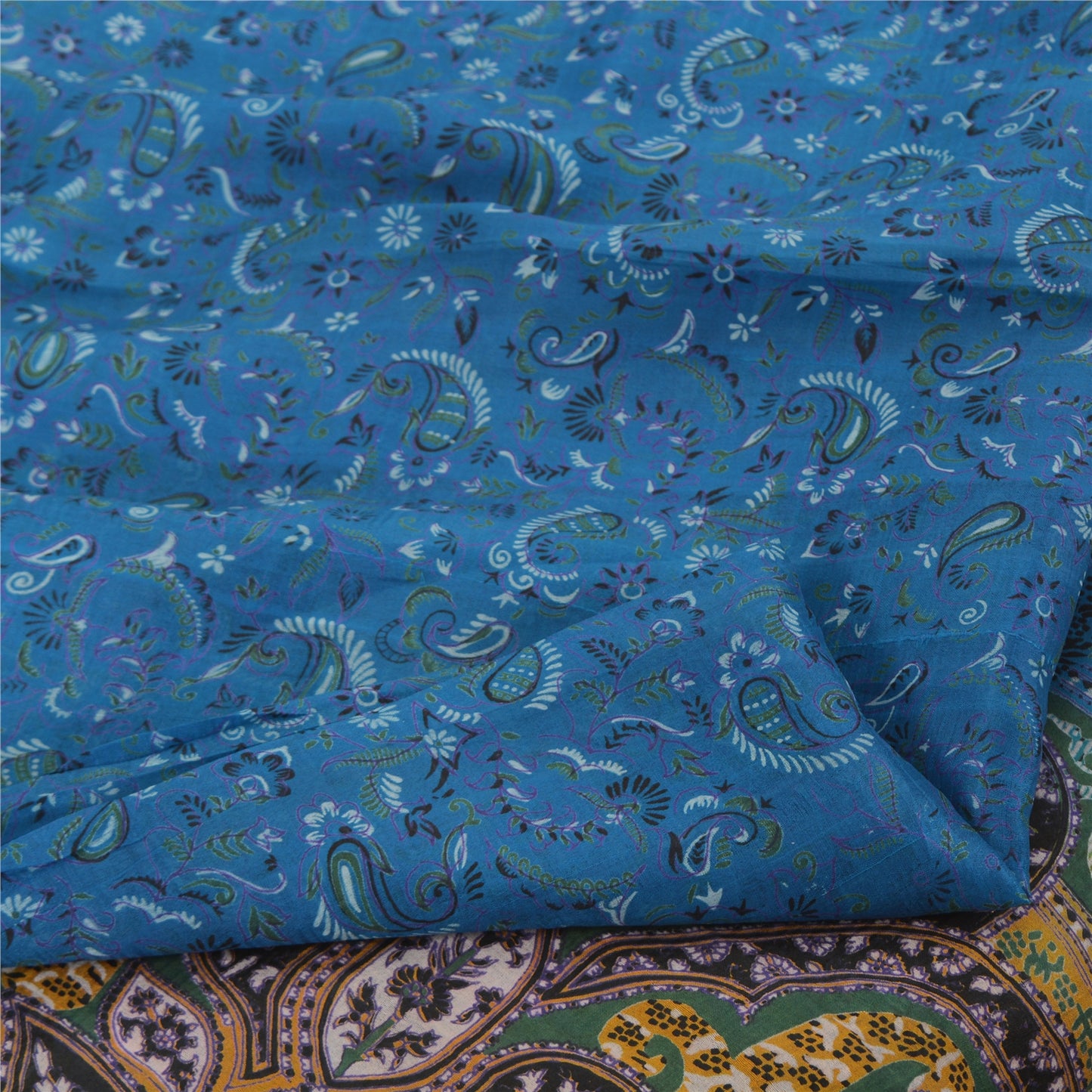 Sanskriti Vintage Sarees Indian Blue Pure Silk Printed Sari 5yd Craft Fabric