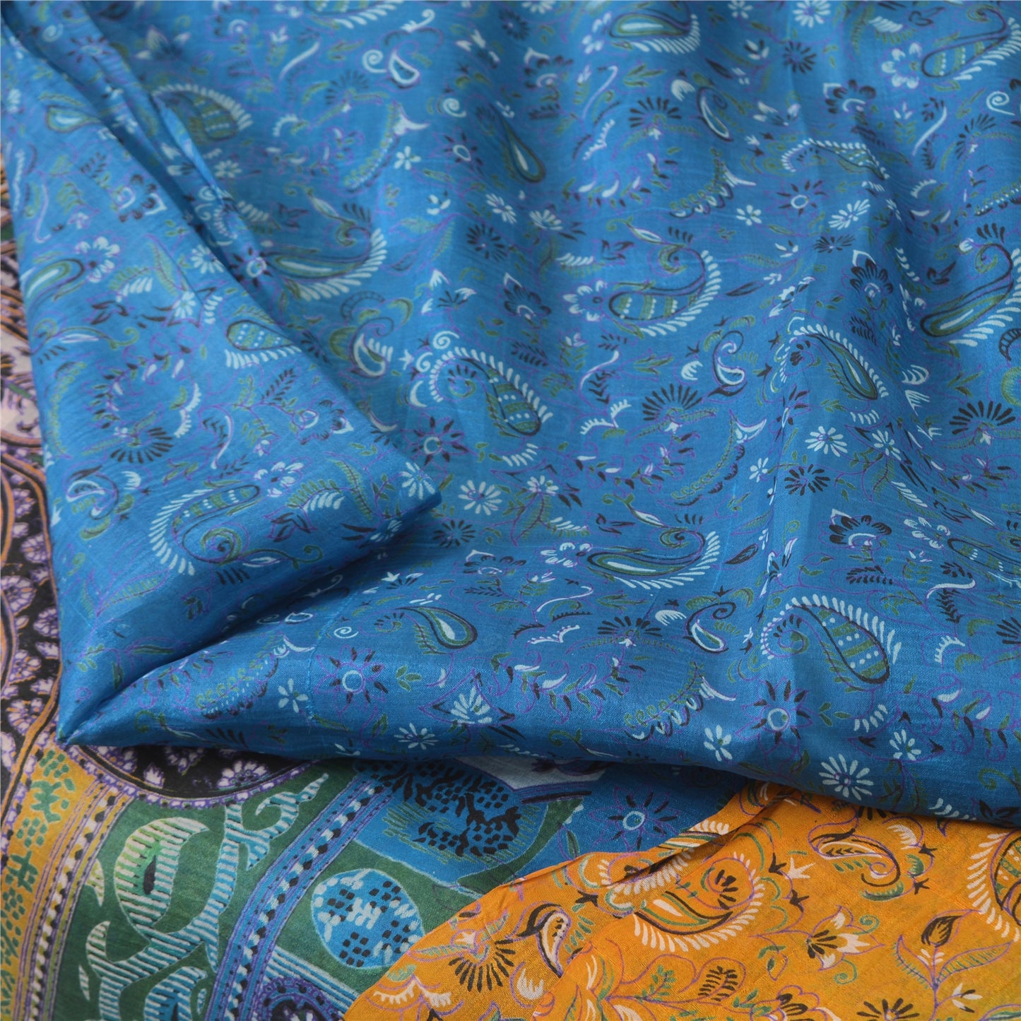 Sanskriti Vintage Sarees Indian Blue Pure Silk Printed Sari 5yd Craft Fabric