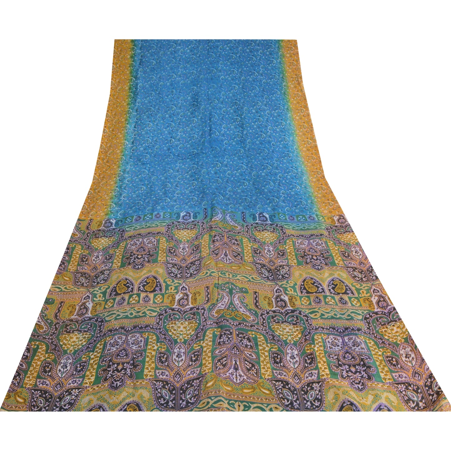 Sanskriti Vintage Sarees Indian Blue Pure Silk Printed Sari 5yd Craft Fabric