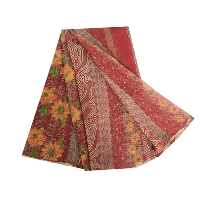 Sanskriti Vintage Sarees From India Red Pure Silk Printed Sari 5yd Craft Fabric