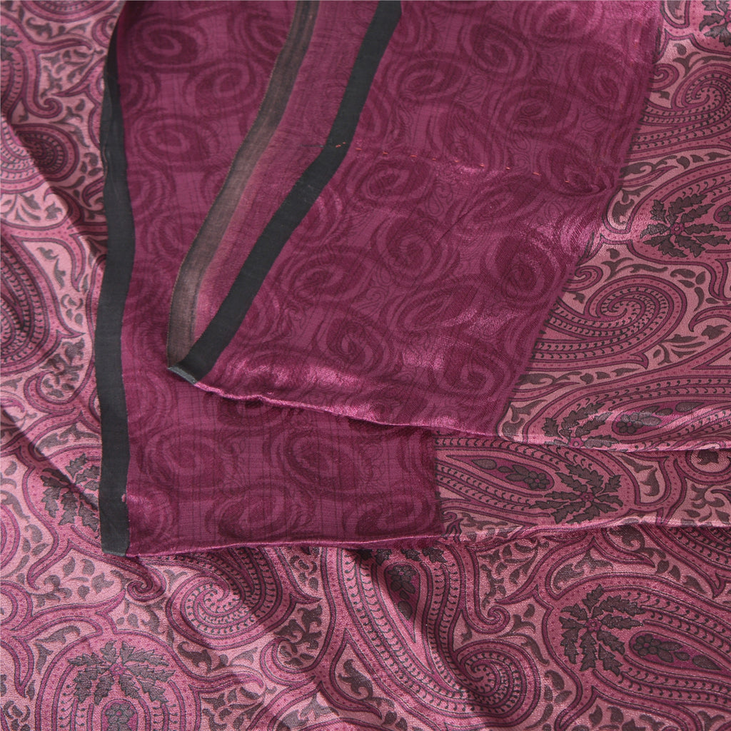 Sanskriti Vintage Sarees Purple Pure Silk Printed Woven Border Sari Craft Fabric