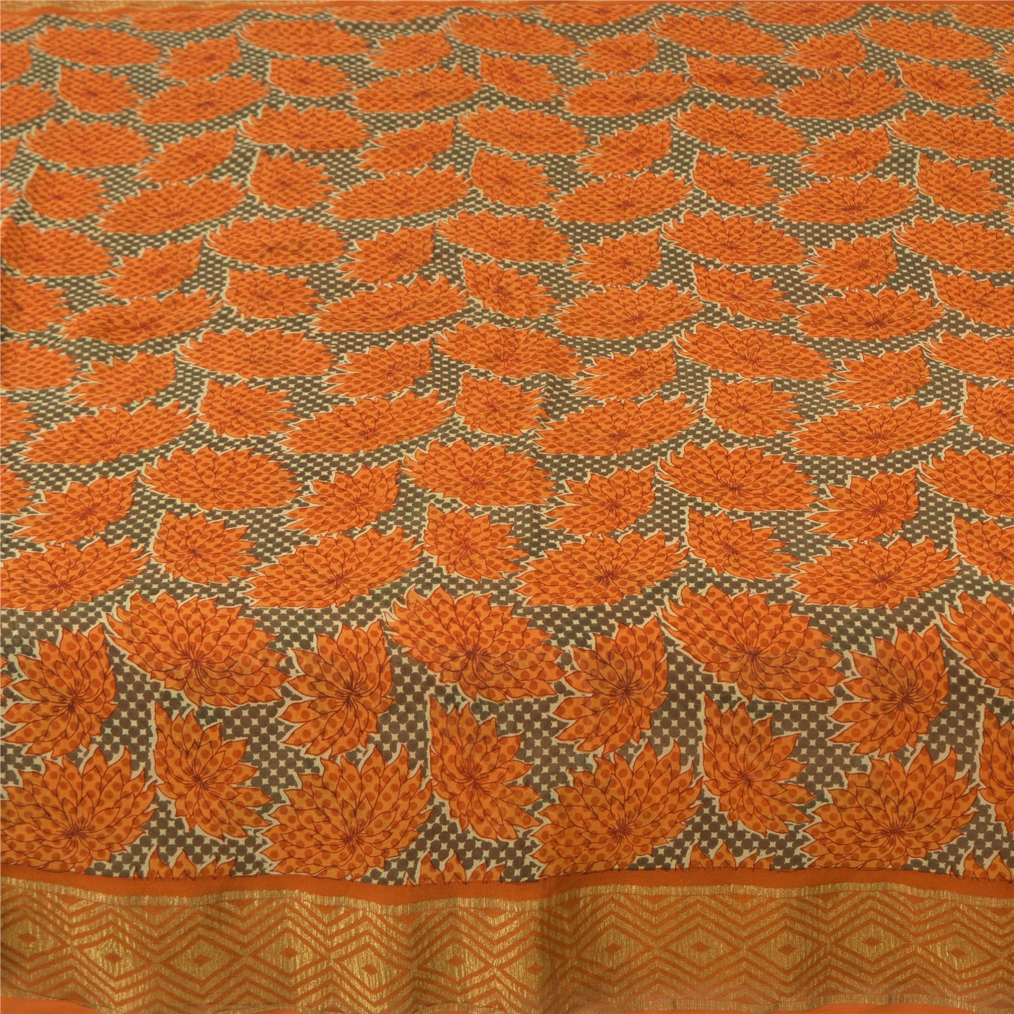 Sanskriti Vintage Sarees Green/Orange Pure Silk Print Zari Woven Sari 5yd Fabric