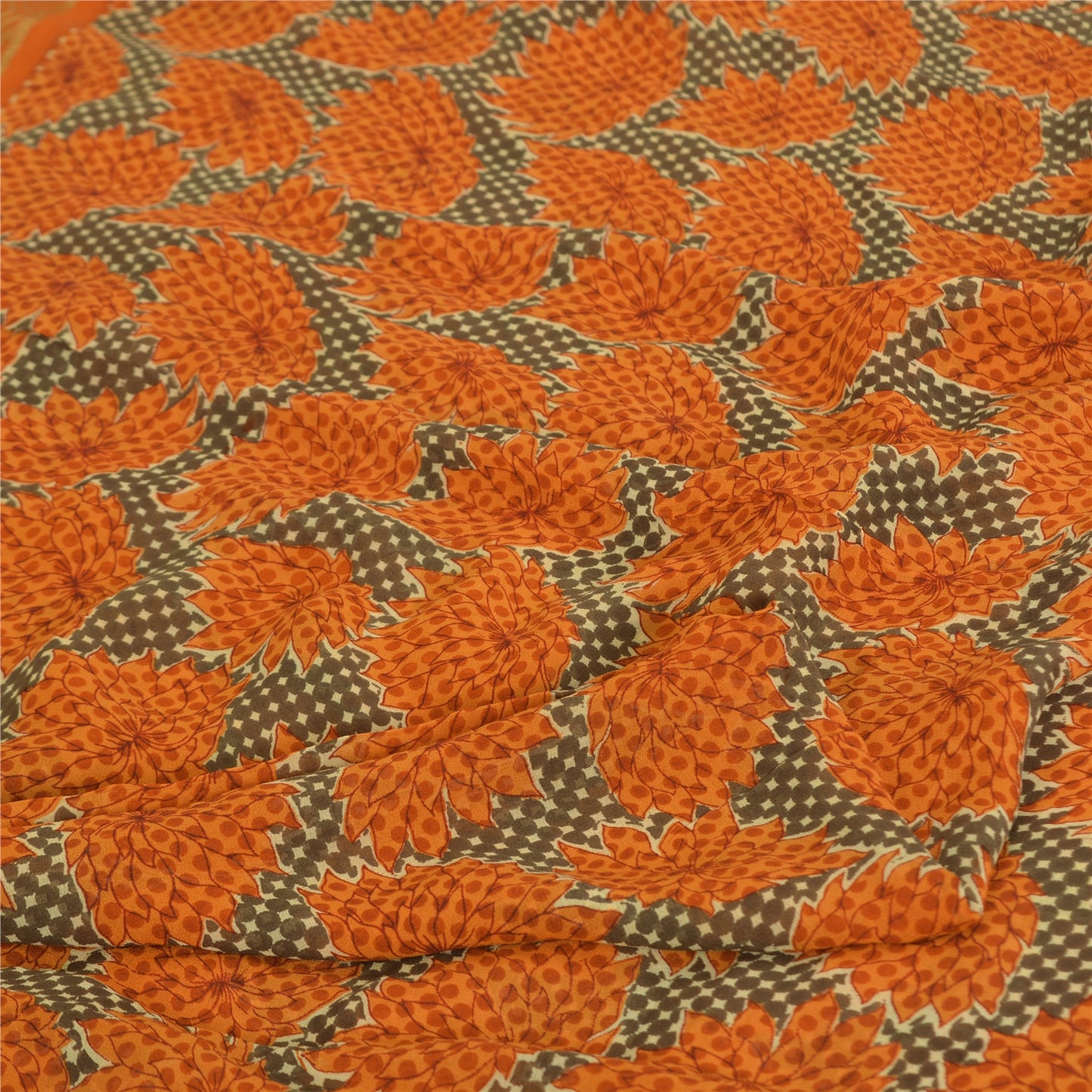 Sanskriti Vintage Sarees Green/Orange Pure Silk Print Zari Woven Sari 5yd Fabric