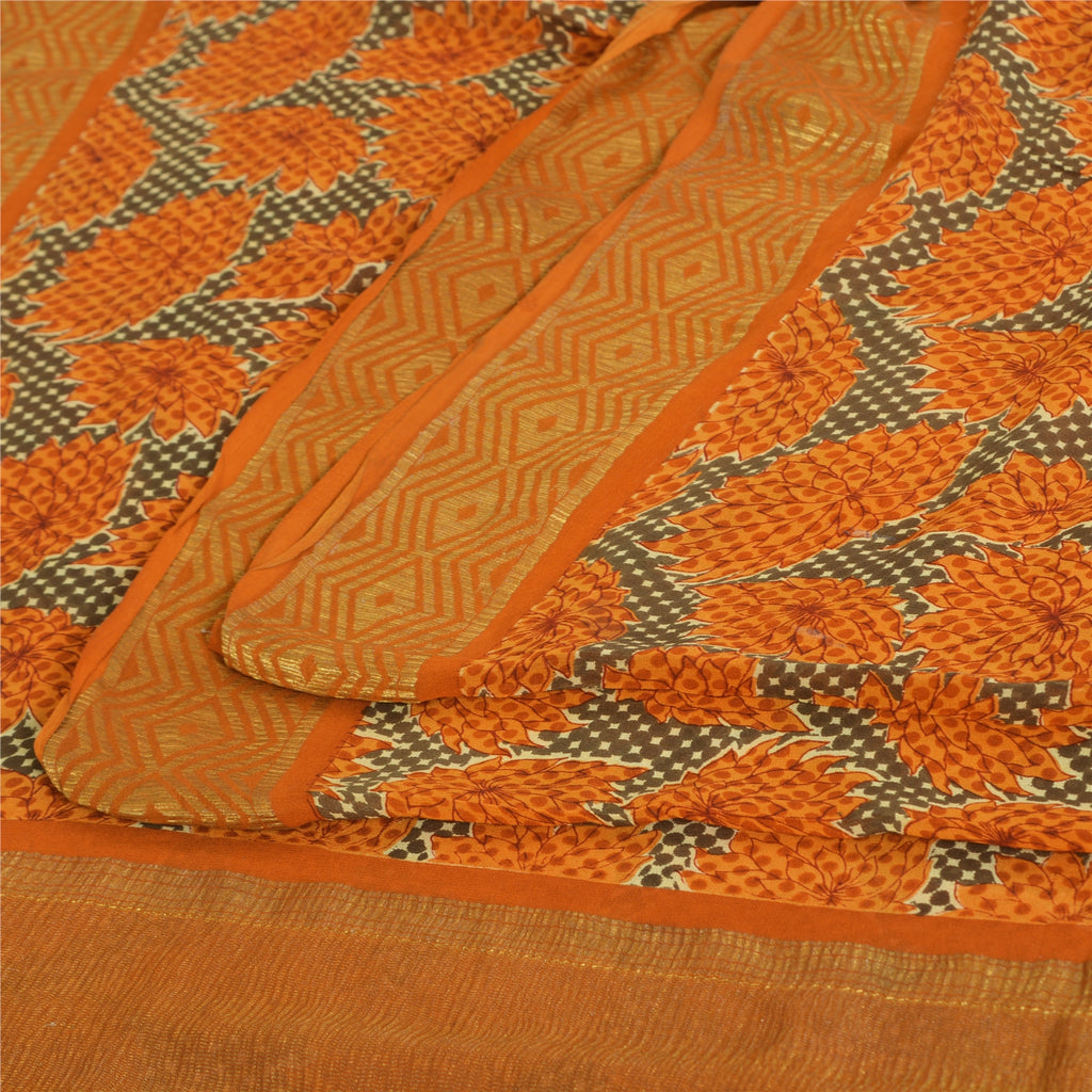 Sanskriti Vintage Sarees Green/Orange Pure Silk Print Zari Woven Sari 5yd Fabric