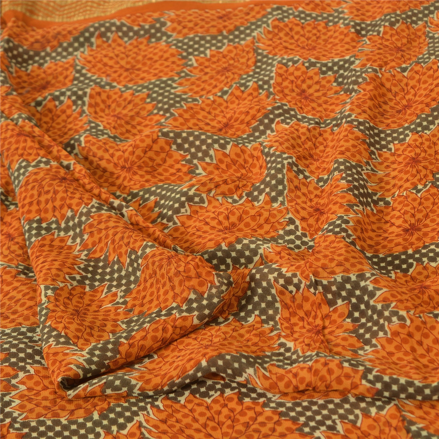 Sanskriti Vintage Sarees Green/Orange Pure Silk Print Zari Woven Sari 5yd Fabric