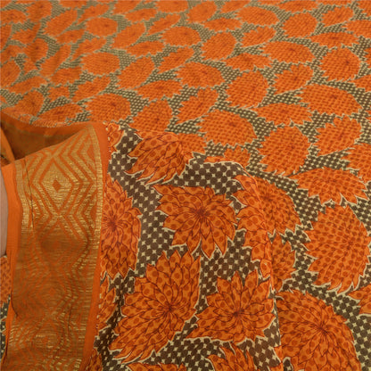 Sanskriti Vintage Sarees Green/Orange Pure Silk Print Zari Woven Sari 5yd Fabric