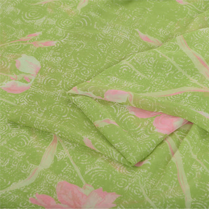 Sanskriti Vintage Sarees Indian Green Pure Georgette Print Sari 5yd Craft Fabric