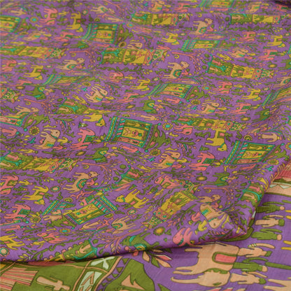 Sanskriti Vintage Sarees Purple Pure Silk Animal Printed Sari 5yd Craft Fabric