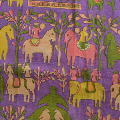 Sanskriti Vintage Sarees Purple Pure Silk Animal Printed Sari 5yd Craft Fabric