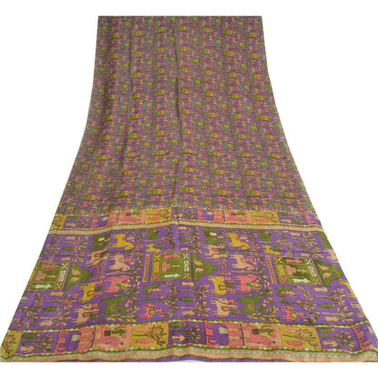 Sanskriti Vintage Sarees Purple Pure Silk Animal Printed Sari 5yd Craft Fabric