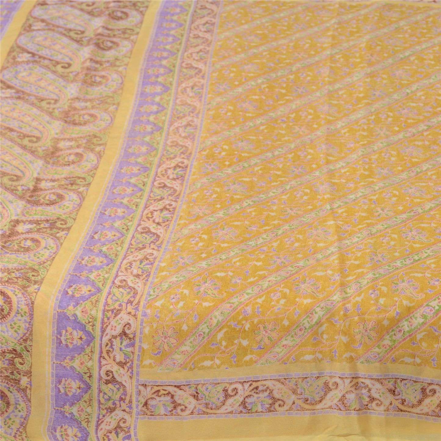 Sanskriti Vintage Sarees Indian Yellow Pure Silk Printed Sari 5yd Craft Fabric