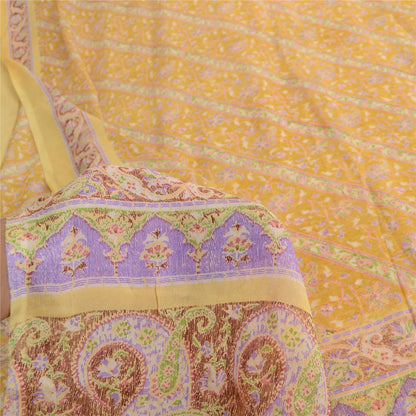 Sanskriti Vintage Sarees Indian Yellow Pure Silk Printed Sari 5yd Craft Fabric