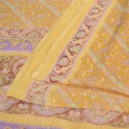 Sanskriti Vintage Sarees Indian Yellow Pure Silk Printed Sari 5yd Craft Fabric