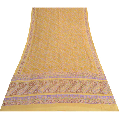 Sanskriti Vintage Sarees Indian Yellow Pure Silk Printed Sari 5yd Craft Fabric