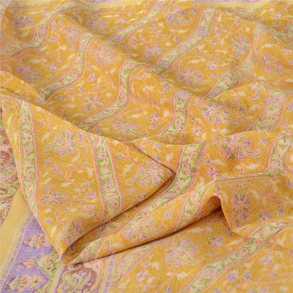 Sanskriti Vintage Sarees Indian Yellow Pure Silk Printed Sari 5yd Craft Fabric