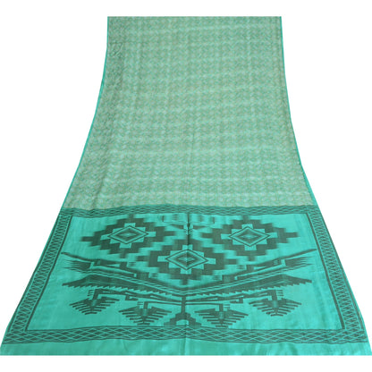 Sanskriti Vintage Sarees Sea-Green 100% Pure Silk Printed Sari 5yd Craft Fabric