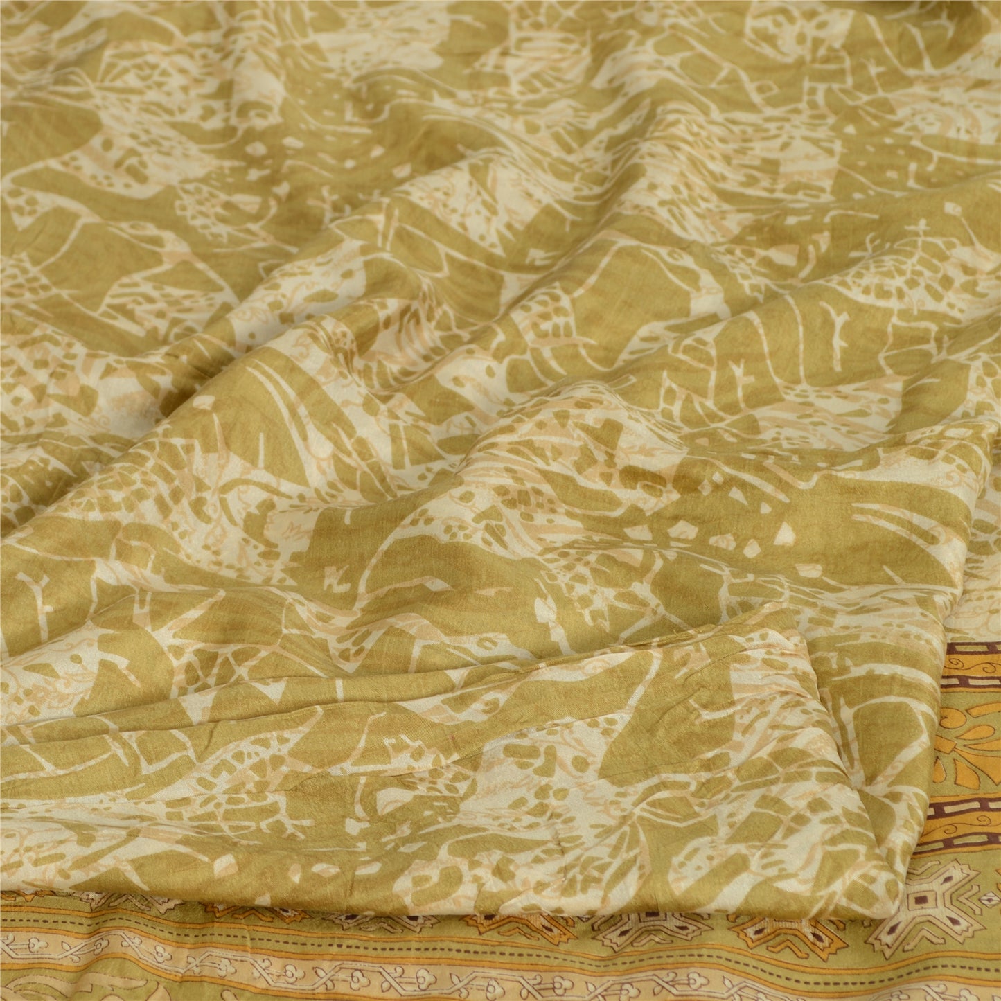 Sanskriti Vintage Sarees Shades of Cream Pure Silk Printed Sari 5yd Craft Fabric