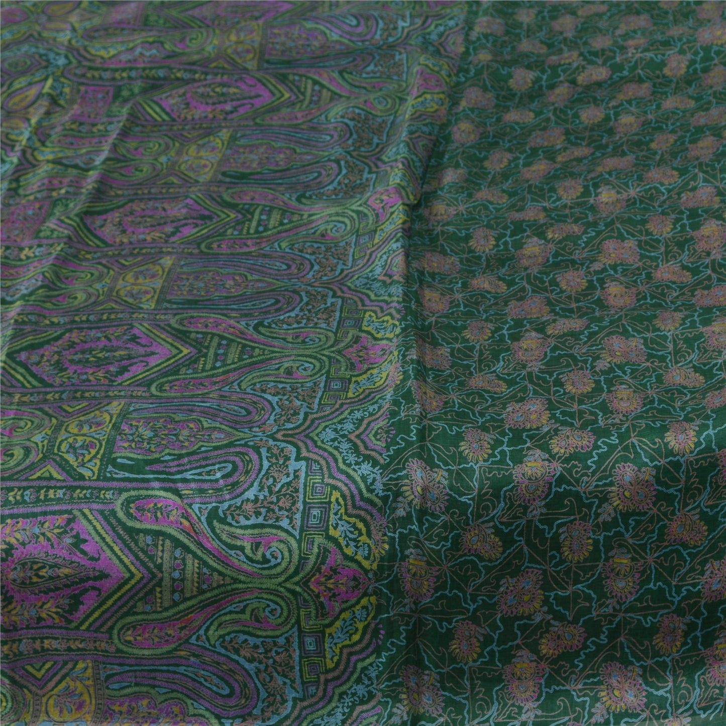 Sanskriti Vintage Sarees Indian Green Pure Silk Printed Sari 5yd Craft Fabric