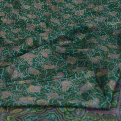 Sanskriti Vintage Sarees Indian Green Pure Silk Printed Sari 5yd Craft Fabric