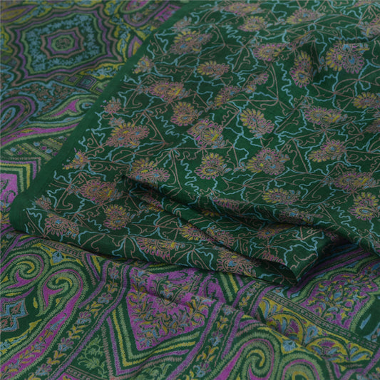 Sanskriti Vintage Sarees Indian Green Pure Silk Printed Sari 5yd Craft Fabric