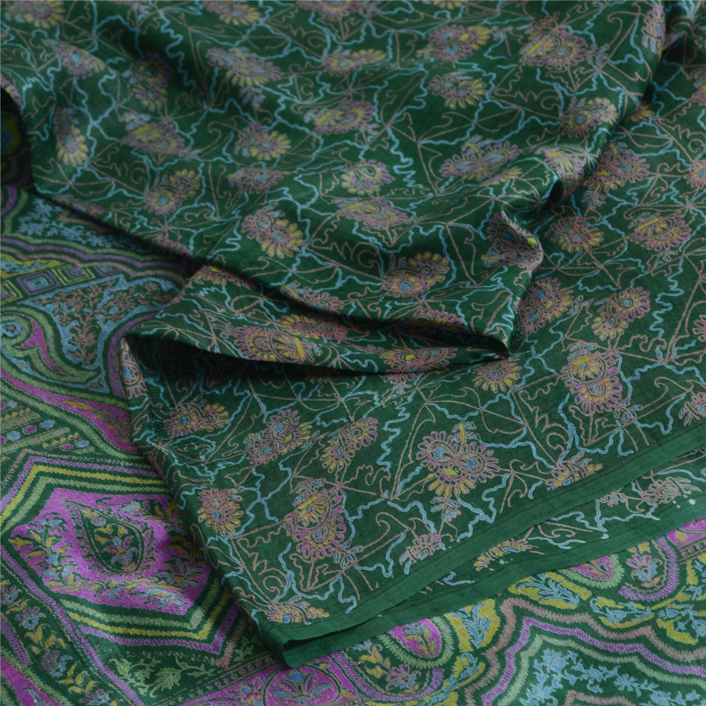 Sanskriti Vintage Sarees Indian Green Pure Silk Printed Sari 5yd Craft Fabric