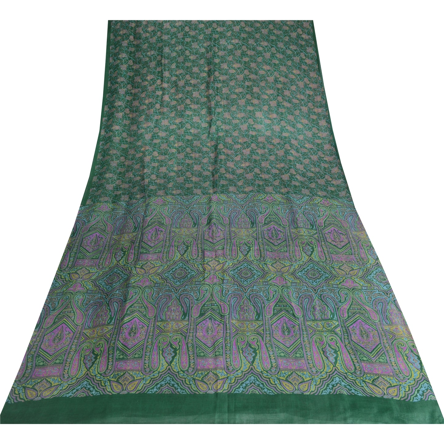 Sanskriti Vintage Sarees Indian Green Pure Silk Printed Sari 5yd Craft Fabric